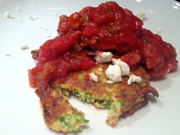 Zucchini Fritters with Goat Cheese and Salsa. Yum!